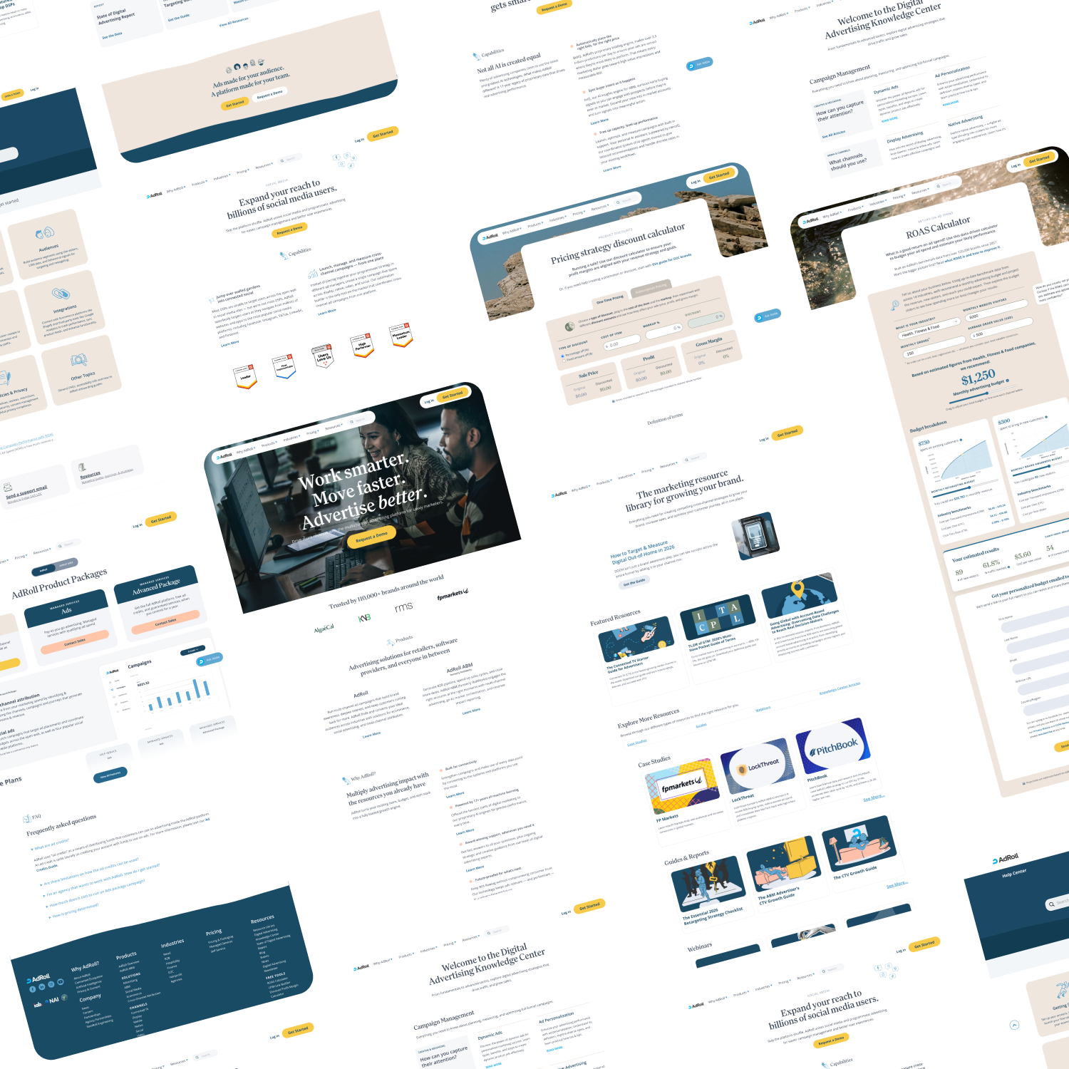 Key screens from the redesigned adroll.com marketing site